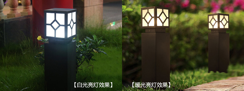 东莞七度照明菱形纹方柱形草坪灯白光效果和暖光效果图片