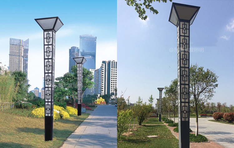 公园内安装QDJGDZ-027-3M中式倒方锥形景观灯柱安装实景效果