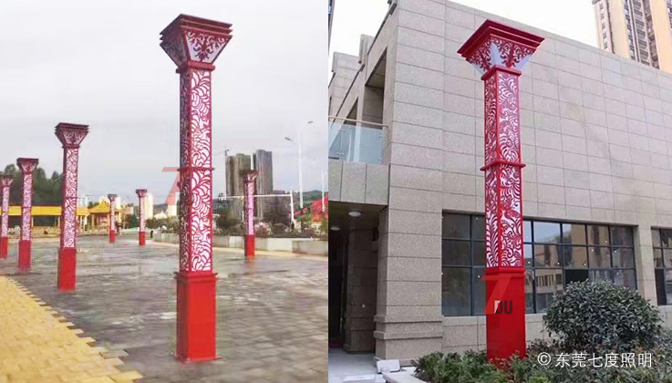 (QDJGDZ-031)3-5米高方形红色广场中式景观灯柱安装实拍效果
